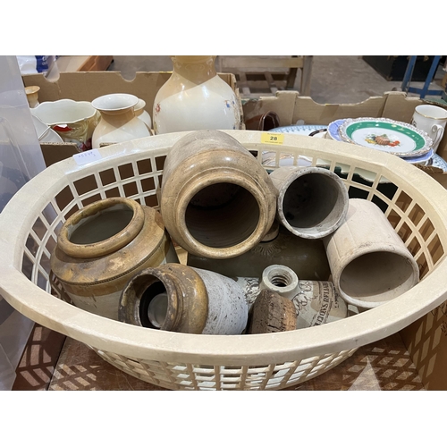 28 - A box of metalware and a quantity of stoneware and sundries