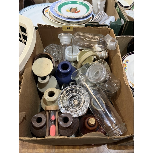 28 - A box of metalware and a quantity of stoneware and sundries