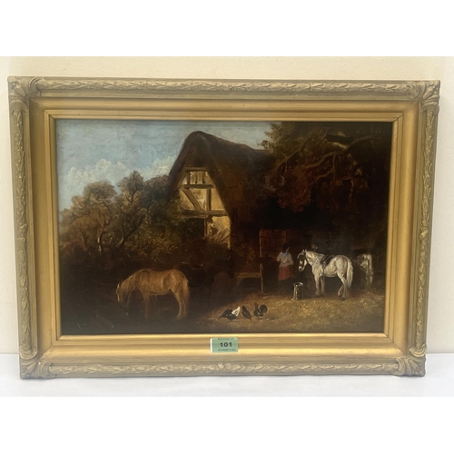 101 - ENGLISH SCHOOL. 19TH CENTURY  A farm cottage with figure and horses. Oil on patched canvas. 12' x 18... 