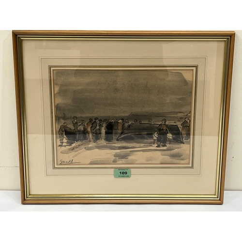 109 - 20TH CENTURY SCHOOL A beach scene with figures and boats. Indistinctly signed. Watercolour. 8½' x 11... 