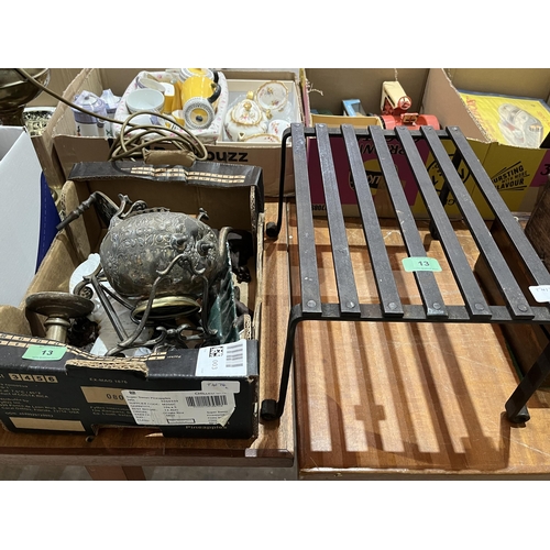 13 - A box of metalware and a footman