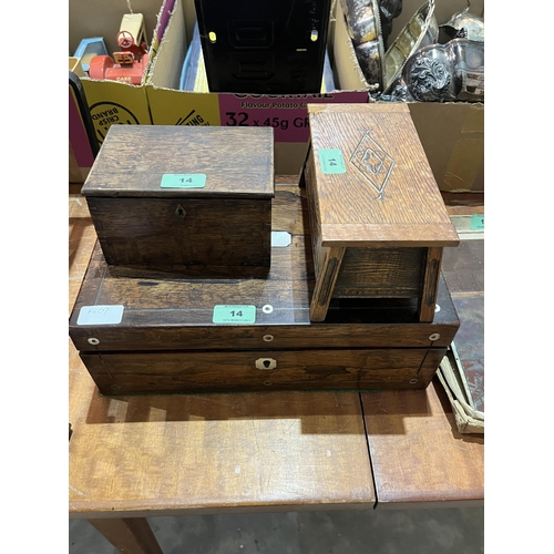 14 - A 19th century rosewood writing slope, an oak musical box and a treen box