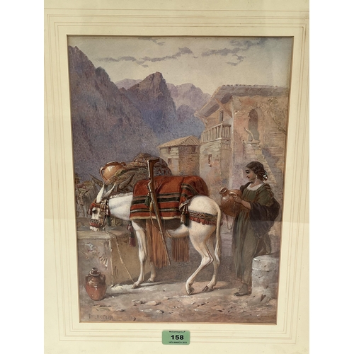 158 - PHIL HARDY. BRITISH 19TH/20TH CENTURY An eastern mountain village with figure and donkey. Signed. Wa... 