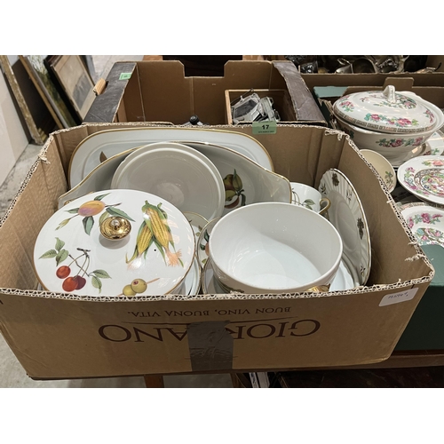 17 - Three boxes of ceramics to include Royal Worcester, Indian Tree dinnerware etc.