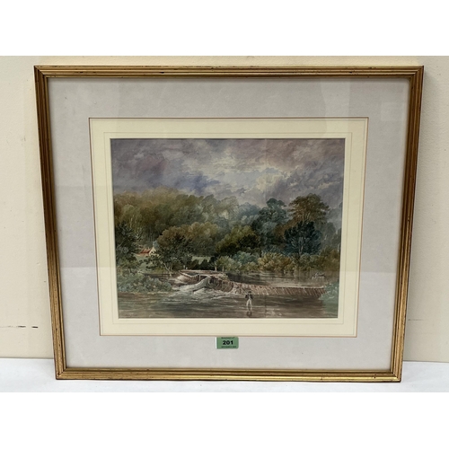 201 - SARAH JOHNSON. BRITISH exh. 1891-1892 A fisherman by a weir. Signed. Watercolour 11½' x 14¼'