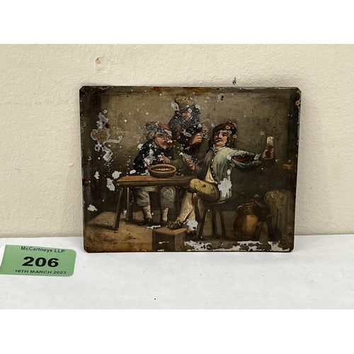 206 - A 19th century miniature painting on tin panel, revellers in a tavern. 3¼' x 4¼'