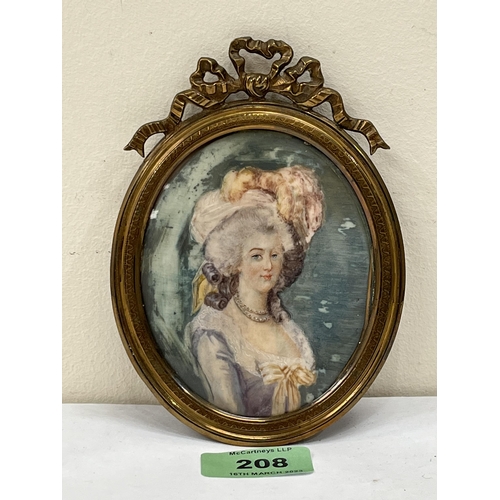 208 - A 19th century portrait miniature of a lady in gilt metal frame. The work 4' x 3¼' oval