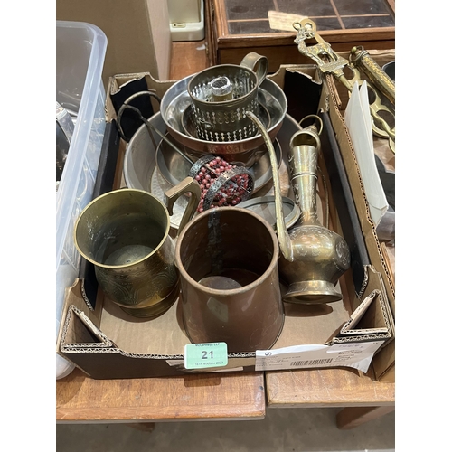 21 - Two boxes of metalware and a box of ceramics