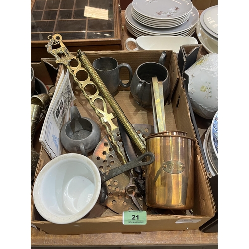 21 - Two boxes of metalware and a box of ceramics