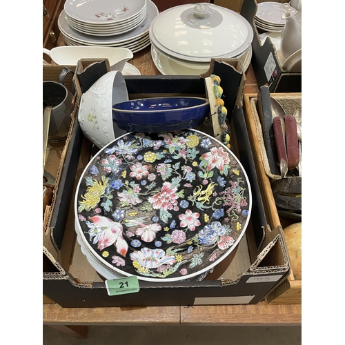 21 - Two boxes of metalware and a box of ceramics