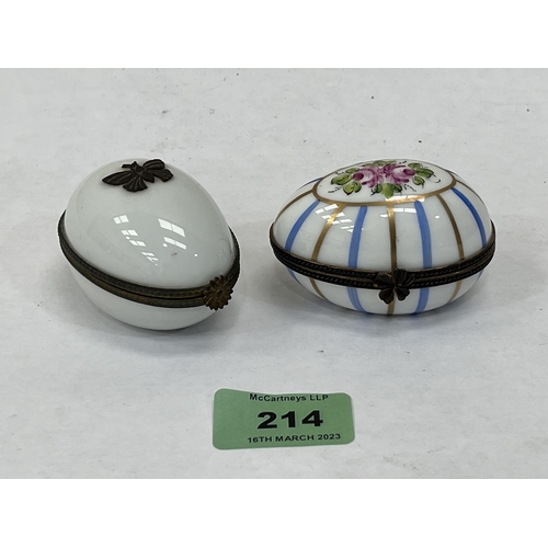 214 - Two Limoges egg form porcelain boxes