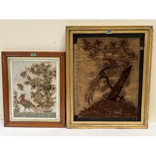 263 - Two Georgian silk embroidered pictures of peafowl or pheasant, the maple framed example. 16' x 12' (... 