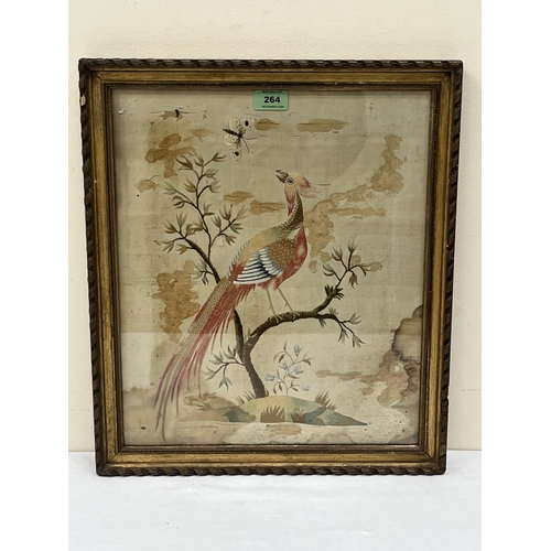 264 - A Georgian silk embroidery of a bird on a branch with flying insect. c.1820. 16½' x 14'