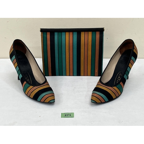 271 - A pair of mid-20th century Rayns dress shoes in polychrome striped silk, size 4; together with a Del... 