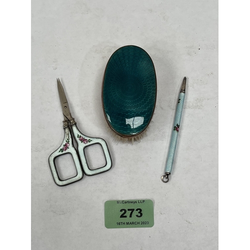 273 - A guilloche enamel brush, sewing scissors and propelling pencil