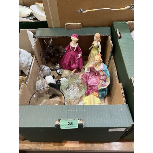 28 - Two boxes of figures, other ceramics and glassware