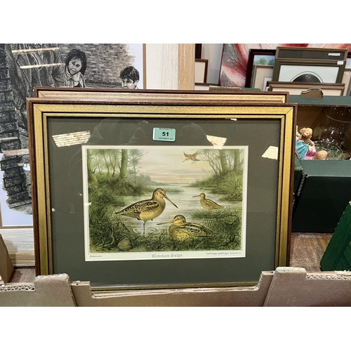 51 - Three framed prints of mallards, partridge and snipe and a print after B. Hill