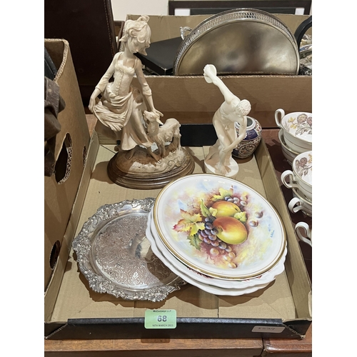 68 - A resin sculpture of a girl with goat; an alabaster figure of the Discus Thrower; a plated card wait... 