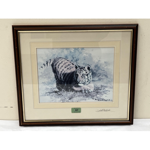 97 - AFTER DAVID SHEPHERD. BRITISH 1913-2017 A print of a tiger. Signed in pencil to mount and again in b... 