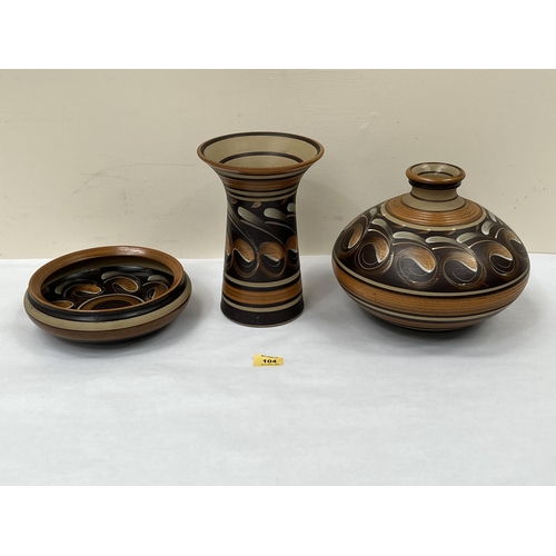 104 - Three items of Denby Savannah pattern ceramics. c.1970s. The vase 9½' high