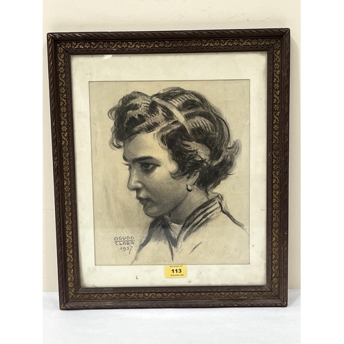 113 - IGNATIO AGUDO CLARA. SPANISH 1880-1966 Portrait of a young lady. Signed and dated 1957. Conte crayon... 