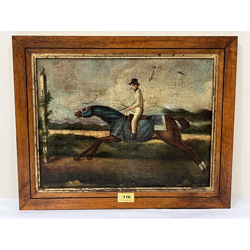 116 - ENGLISH NAIVE SCHOOL Racehorse and jockey at speed. Oil on unstretched canvas. 12' x 16'