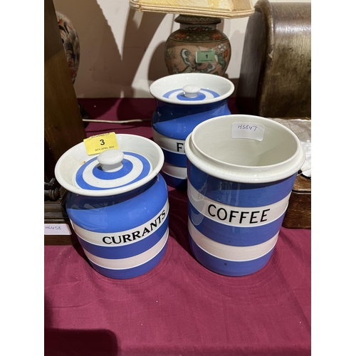 3 - Three T & G Green Cornish Ware jars. The coffee jar lacking cover