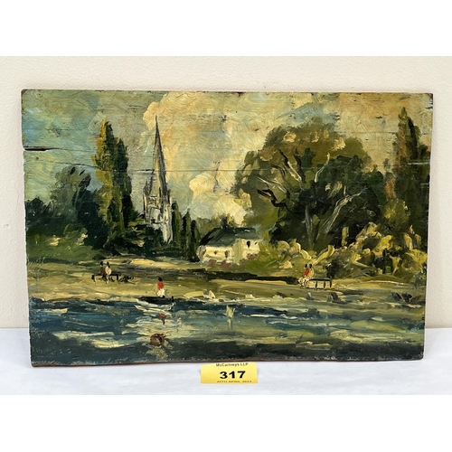 317 - ENGLISH SCHOOL. 20TH CENTURY  A village pond. Oil on panel 7¼' x 11'. Panel split