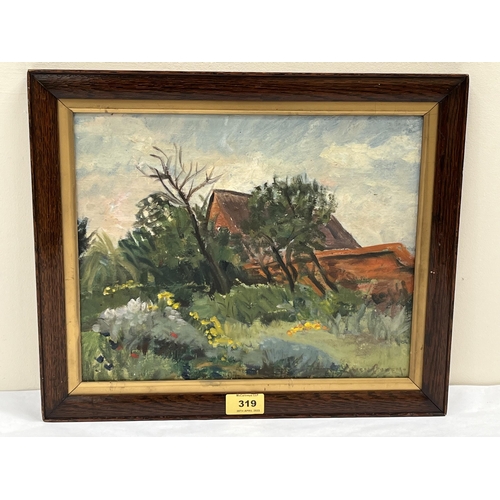 319 - ENGLISH SCHOOL. 20TH CENTURY  A cottage garden. Indistinctly signed. Oil on board 12' x 16'