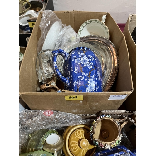 545 - Three boxes of ceramics and sundries