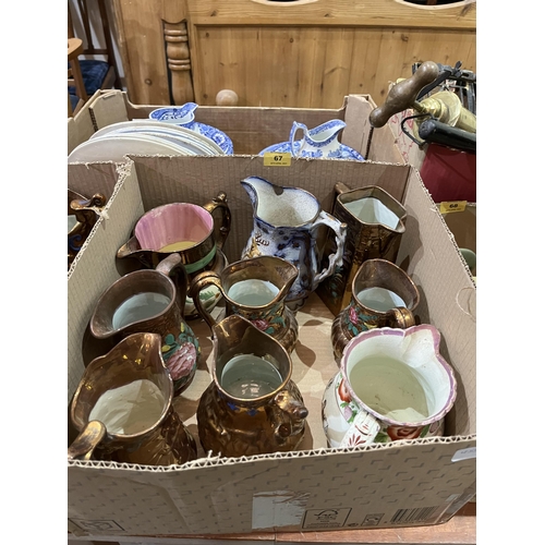 67 - Two boxes of 19th century copper lustre and other jugs