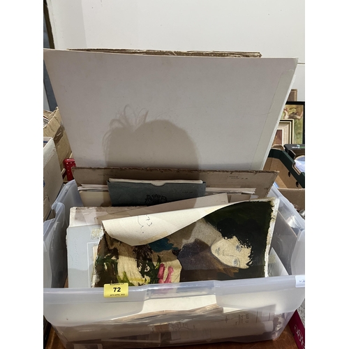 72 - A box of unframed pictures and ephemera