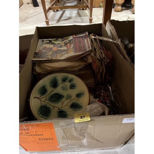 87 - Three boxes of ceramics and sundries