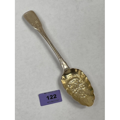 122 - A George III silver fiddle pattern berry spoon with gilded bowl. London 1809. 8½' long. 2ozs