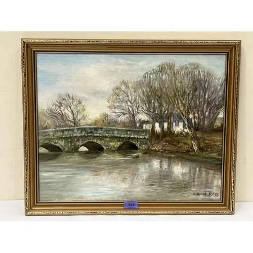 132 - DONALD PASS. BRITISH 1930-2010 River scene with bridge. Signed. Oil on canvas. 16' x 20'