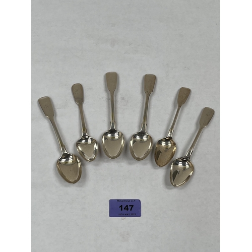 147 - A set of six Victorian silver fiddle pattern teaspoons. London 1867. 3ozs 6dwts