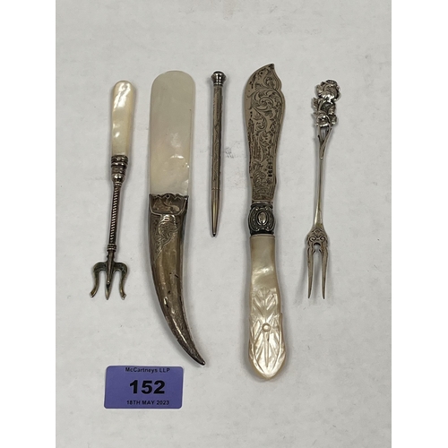 152 - A silver handled and mother-of-pearl letter opener; a silver fish knife with mother-of-pearl handle;... 