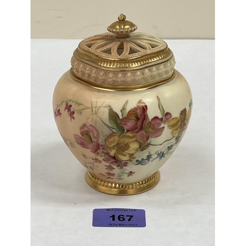 167 - A Royal Worcester blush ivory pot-pourri jar and cover, pattern no.1314. 5¼' high. Date code for 189... 