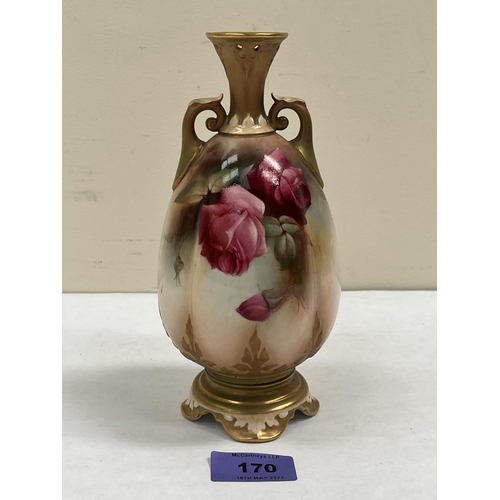 170 - A Royal Worcester inverted baluster two handled vase, gilded and painted with Hadley roses. Shape 26... 