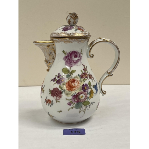 175 - A late Meissen coffee pot and cover, the baluster body gilded and painted in enamels with summer flo... 