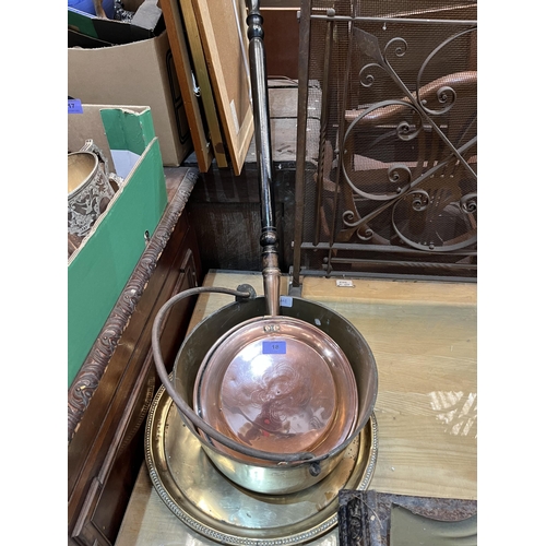 18 - A copper warming pan; a brass jam pan and a brass salver