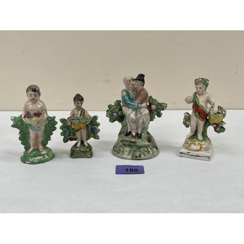 190 - An early 19th century Staffordshire bocage figure group, 5' high (loss to bocage); together with thr... 