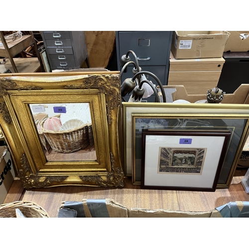 28 - A gilt framed wall mirror. 17½' high and three prints