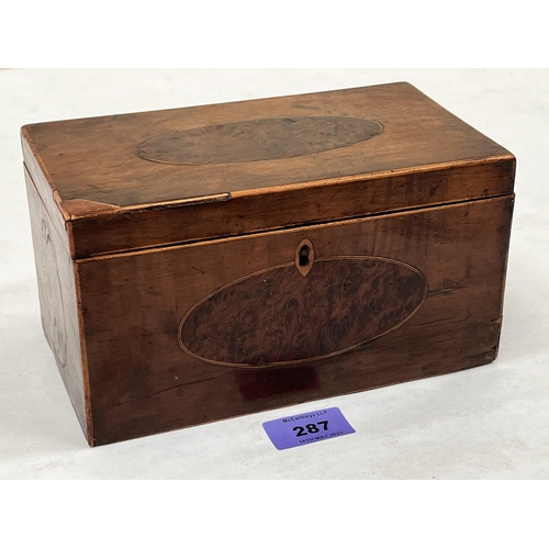 287 - A George IV burr yew inlaid tea caddy. 8' wide. Interior gutted