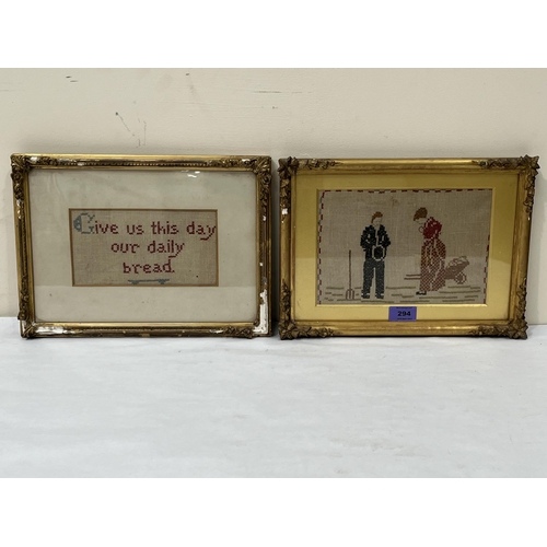 294 - Two early 20th century framed needleworks, depicting a couple of farmworker and a religious verse. 6... 