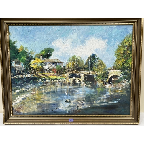 295 - RICHARD AKERMAN. BRITISH 20TH CENTURY  River scene with pub and bridge. Signed. Oil on board 30' x 4... 