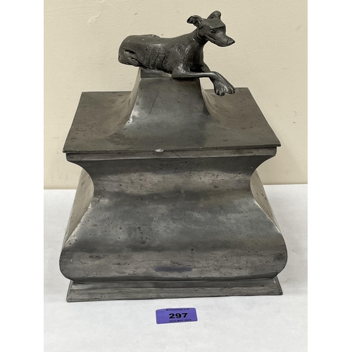 297 - A Portuguese pewter box with cast hound to the pagoda cover. 8½' w x 10' h