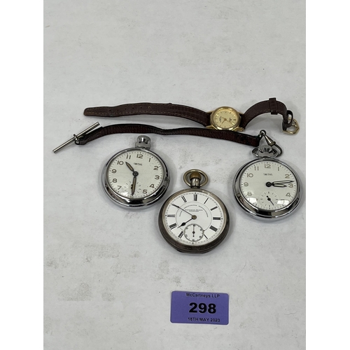 298 - A Waltham silver keyless watch, two other watches and a lady's wristwatch