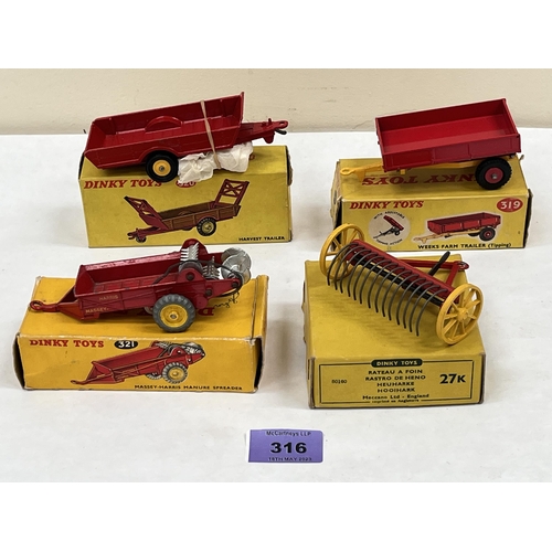 316 - Dinky Toys. Four farming implements - 27K; 321; 319 and 320. Boxed