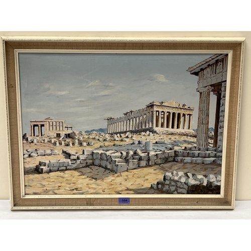 334 - 20TH CENTURY SCHOOL View of the Parthenon. Indistinctly signed. Oil on board 20' x 27'